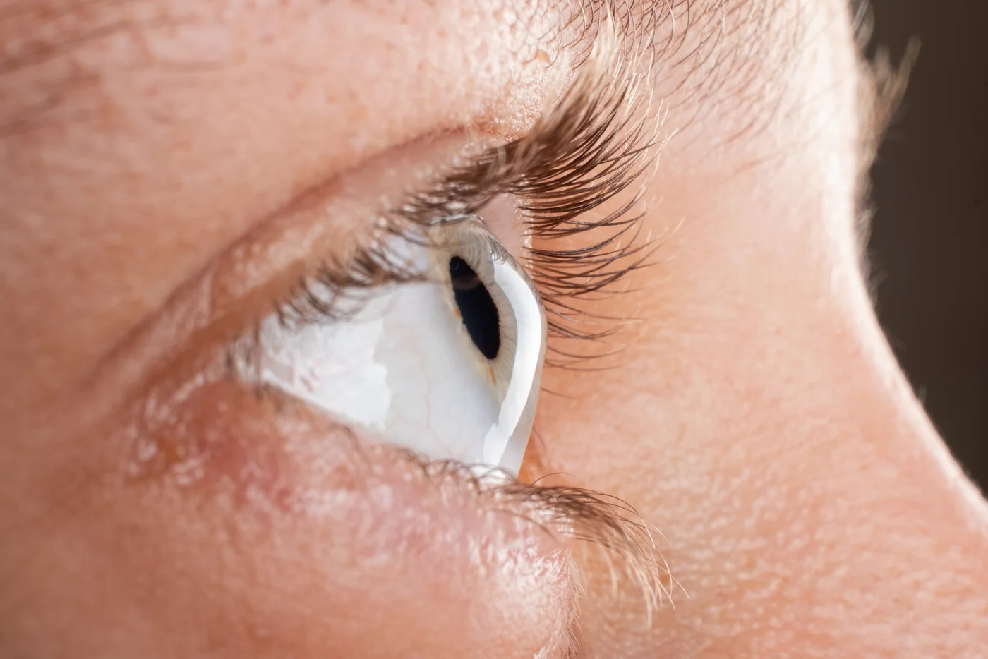 A detailed close-up photo capturing the vibrant iris and eyelashes of a blue eye.